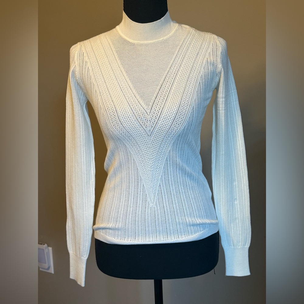 Veronica Beard Fitted Mock Neck Sweater Ivory Knit Size